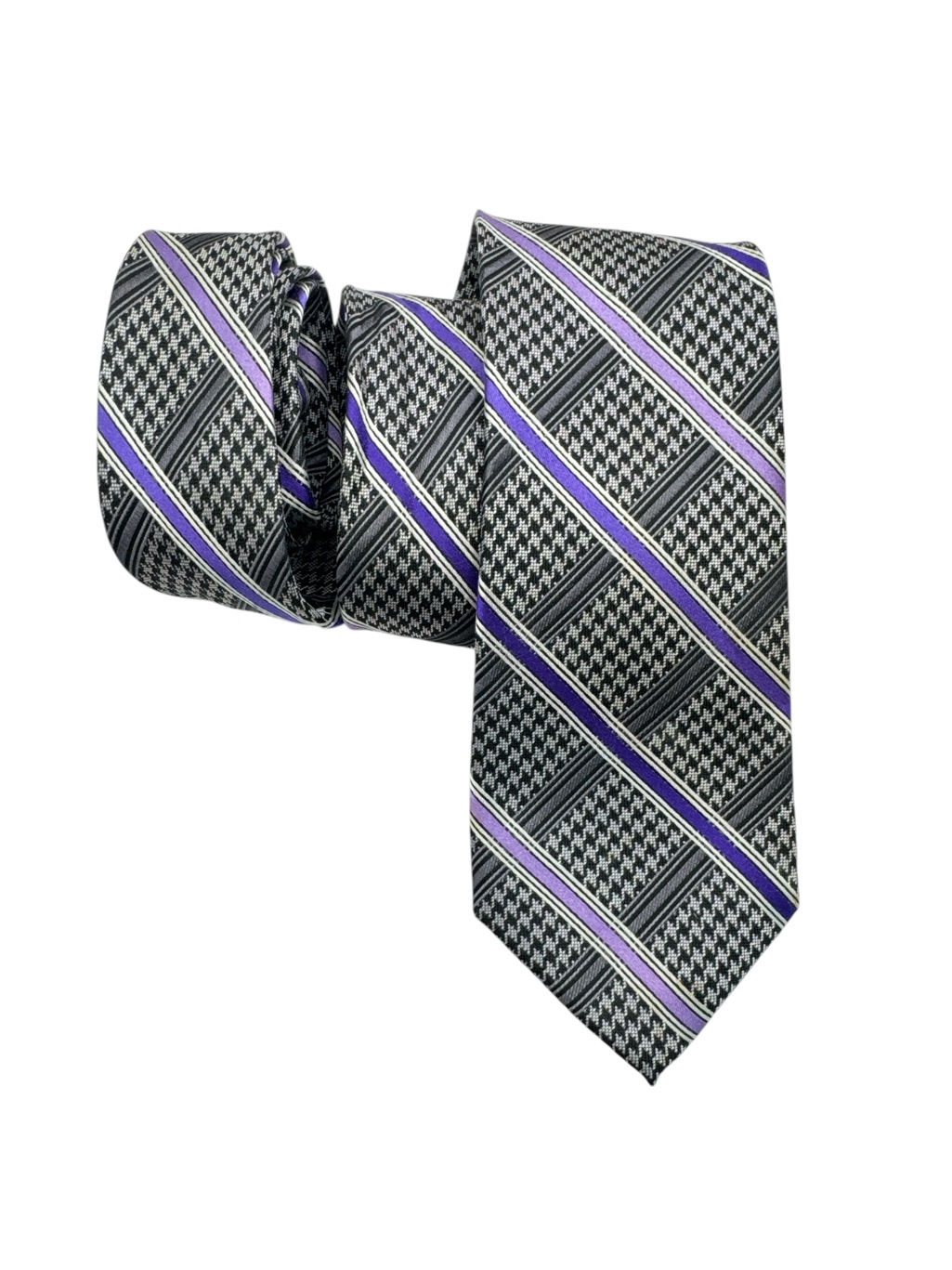 Vintage 90s Pronto Uomo Platinum 100% Silk Purple Gray Metallic Checkerboard Tie